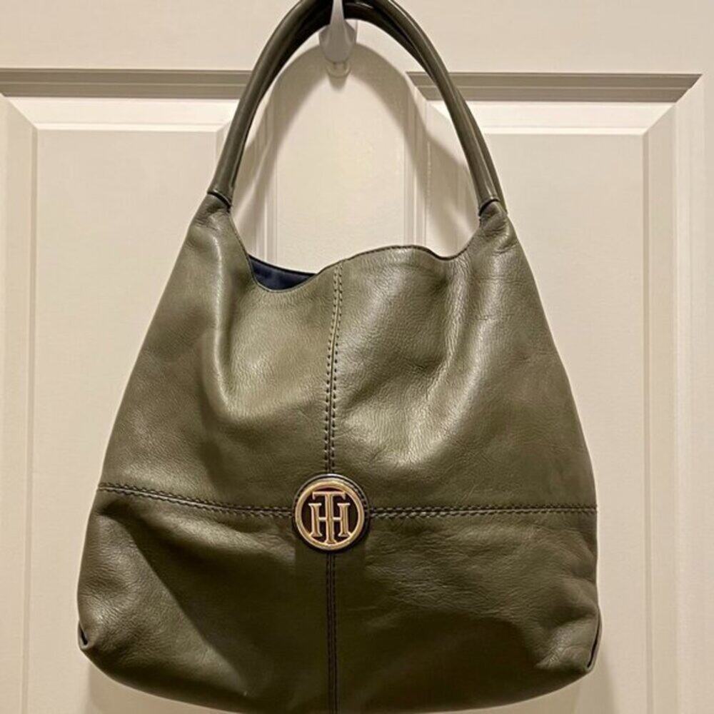 Tommy Hilfiger Olive Green Leather Shoulder Bag